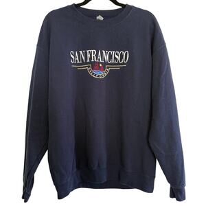 Navy San Francisco 90s Embroidered Fleece Lined Long Sleeve Crewneck Sweater-L